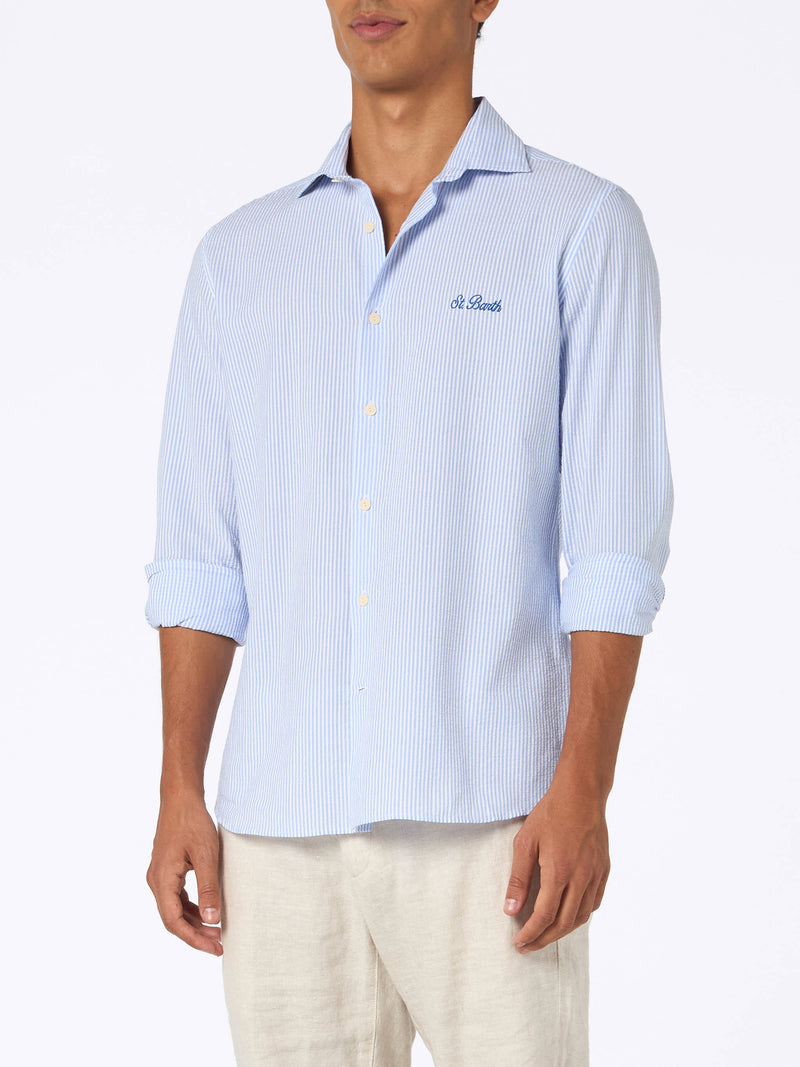 Man seersucker cotton shirt Pamplona with light blue stripes