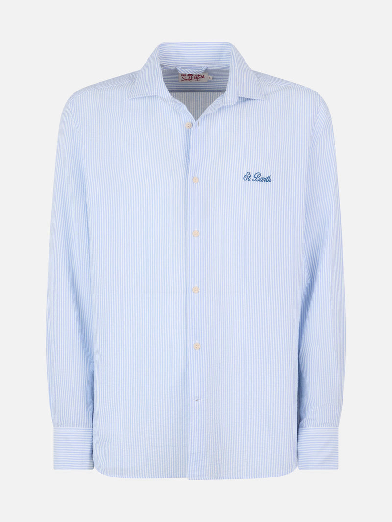 Camicia da uomo Pamplona in cotone seersucker con righe azzurre