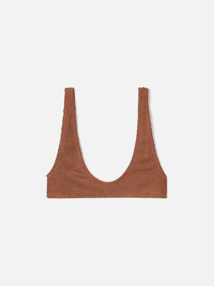 Top de bikini tipo bralette Pamy en tejido crinkle marrón 