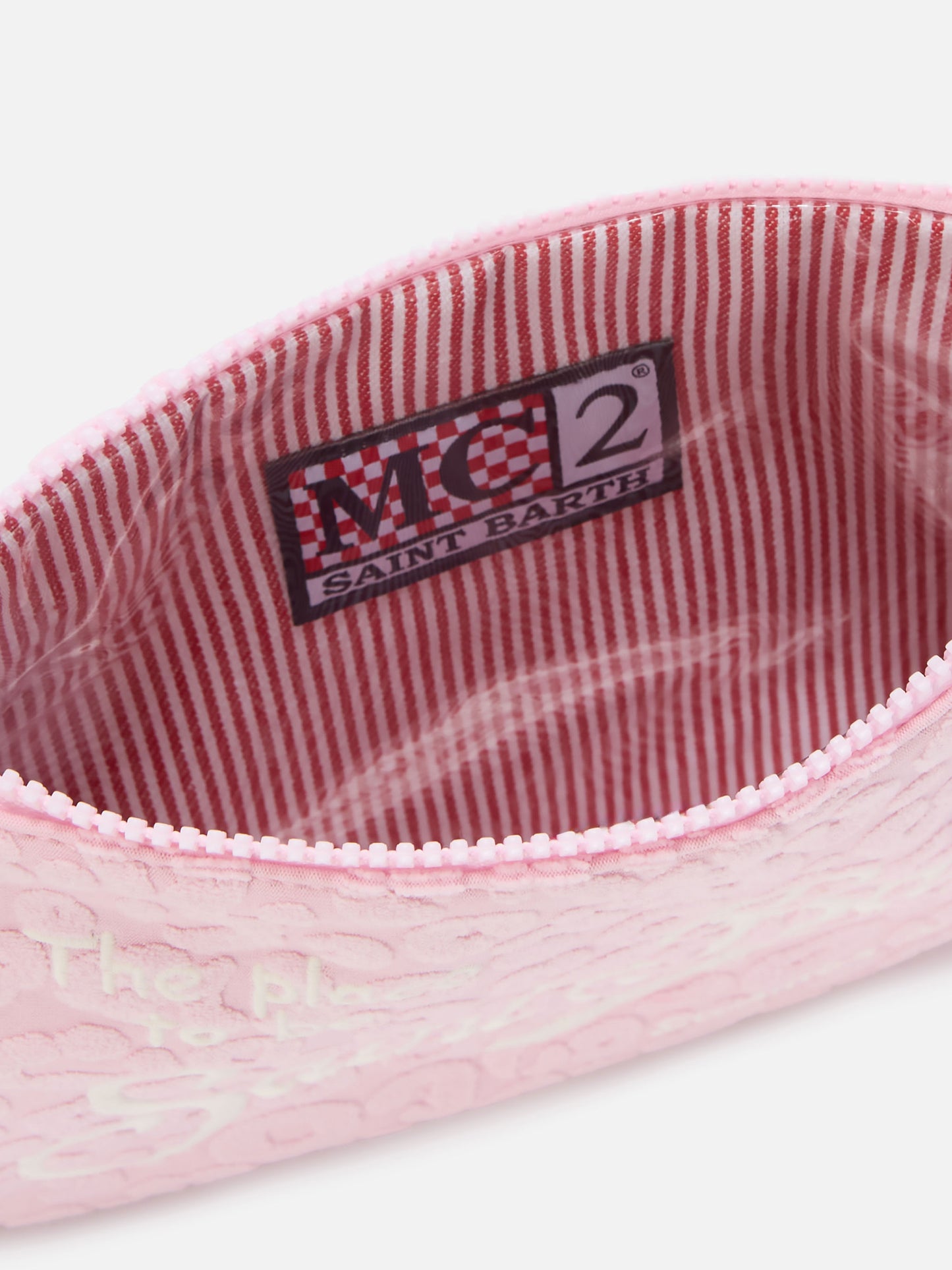 Parisienne Sponge terry-effect pouch with embossed leopard pattern and removable strap