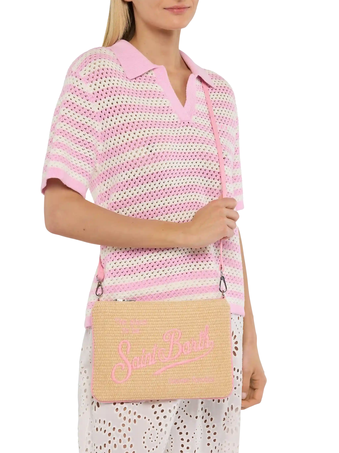 Parisienne Straw effect pouch bag with pink details
