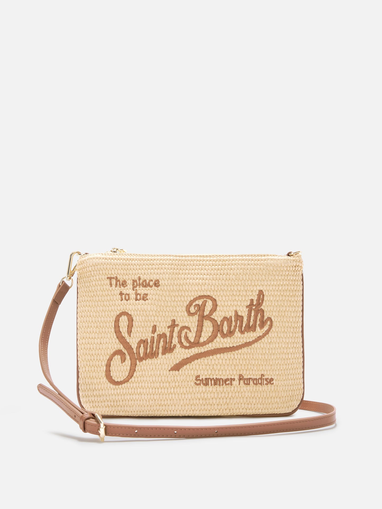Parisienne straw effect pouch with embroidered brown logo and removable strap
