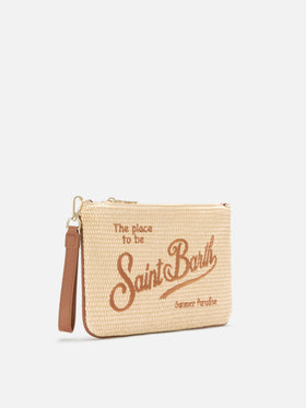Parisienne straw effect pouch with embroidered brown logo and removable strap
