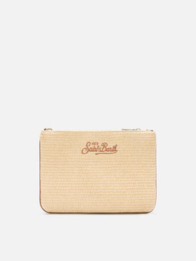 Parisienne straw effect pouch with embroidered brown logo and removable strap