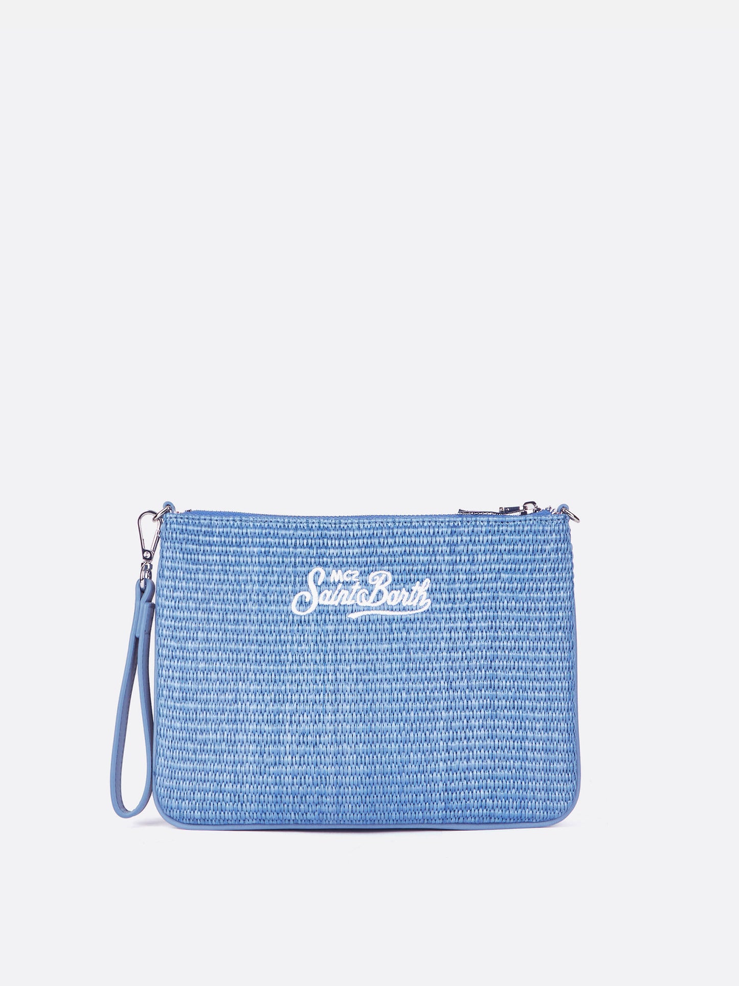 Parisienne-Stroheffekt in hellem blue pouch mit gesticktem Logo und abnehmbarem Riemen 