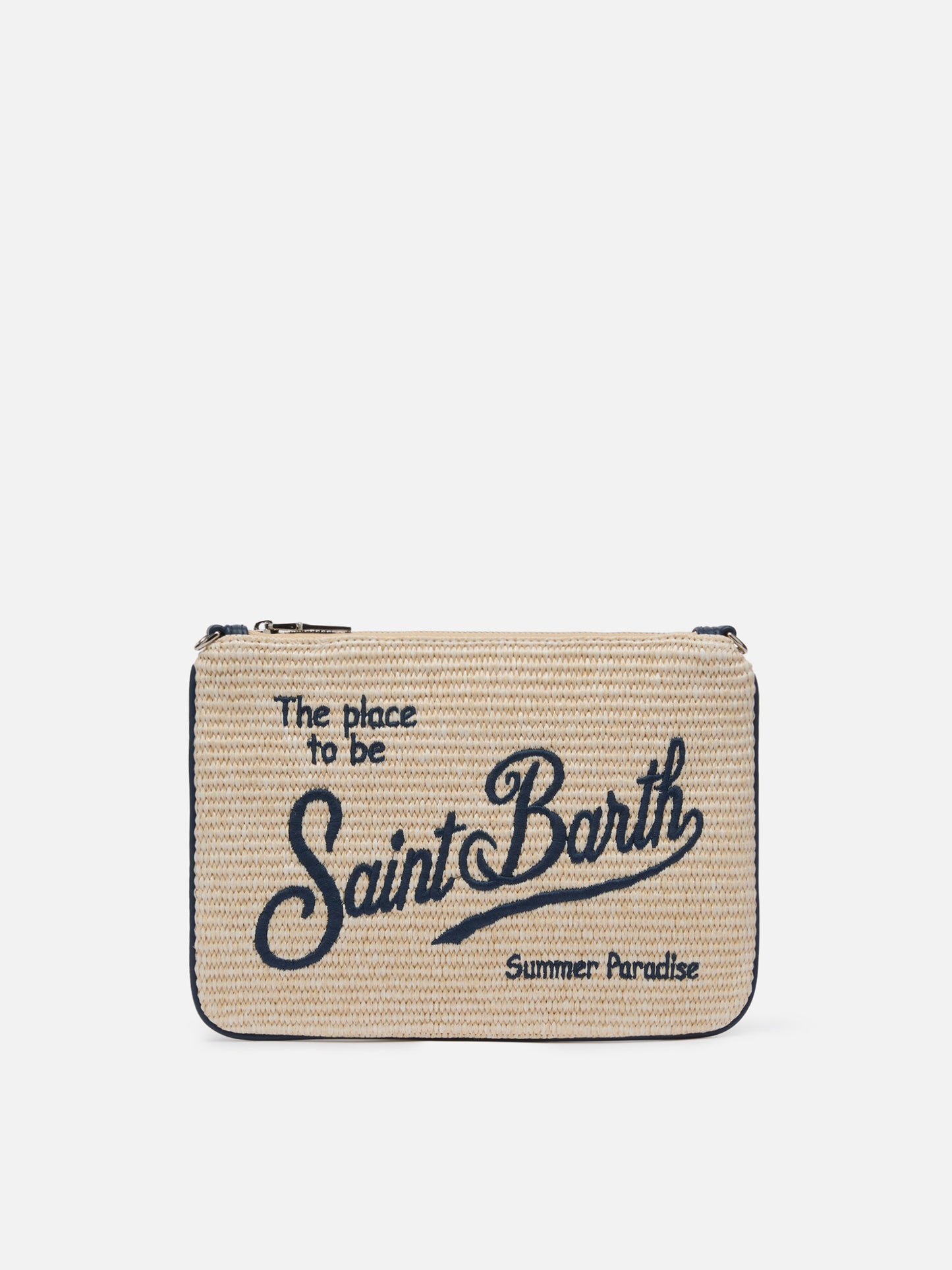Parisienne – Beuteltasche in Strohoptik mit aufgesticktem Logo