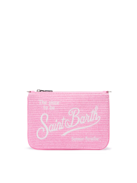 Parisienne straw effect pouch in pink with embroidered logo and removable strap