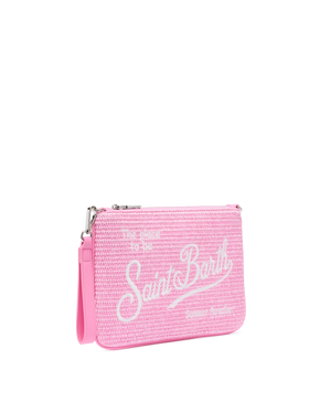 Parisienne straw effect pouch in pink with embroidered logo and removable strap