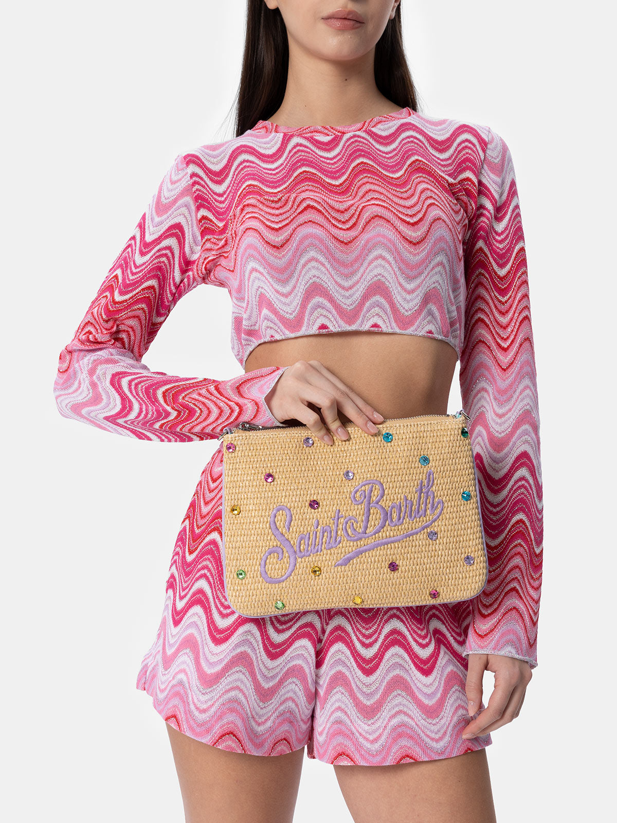 Pouch Parisienne in paglia con decorazione in strass