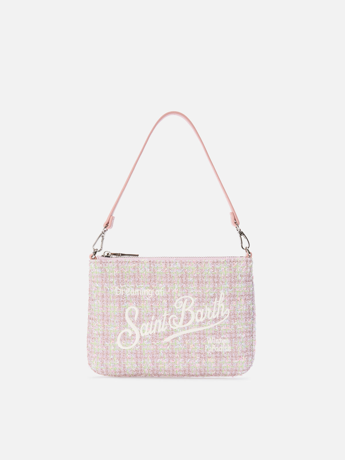 Bolso de hombro mini Parisienne de tweed rosa con bordado del logo 