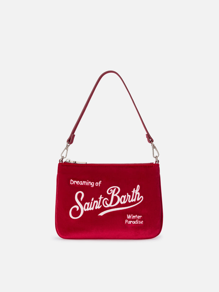 Bordeaux Mini Parisienne Samt-Schultertasche mit Logostickerei 