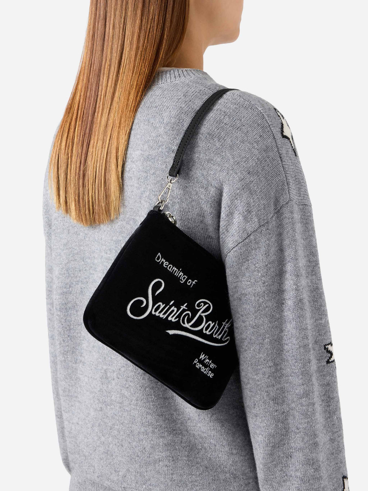Mini sac porté épaule Parisienne noir en velours avec logo brodé 