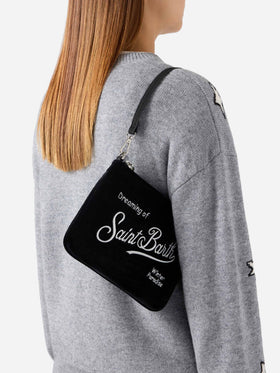 Mini sac porté épaule Parisienne noir en velours avec logo brodé 