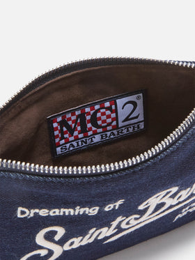 Blue Mini-Parisienne-Shoulder-Bag aus Denim mit gesticktem Logo 