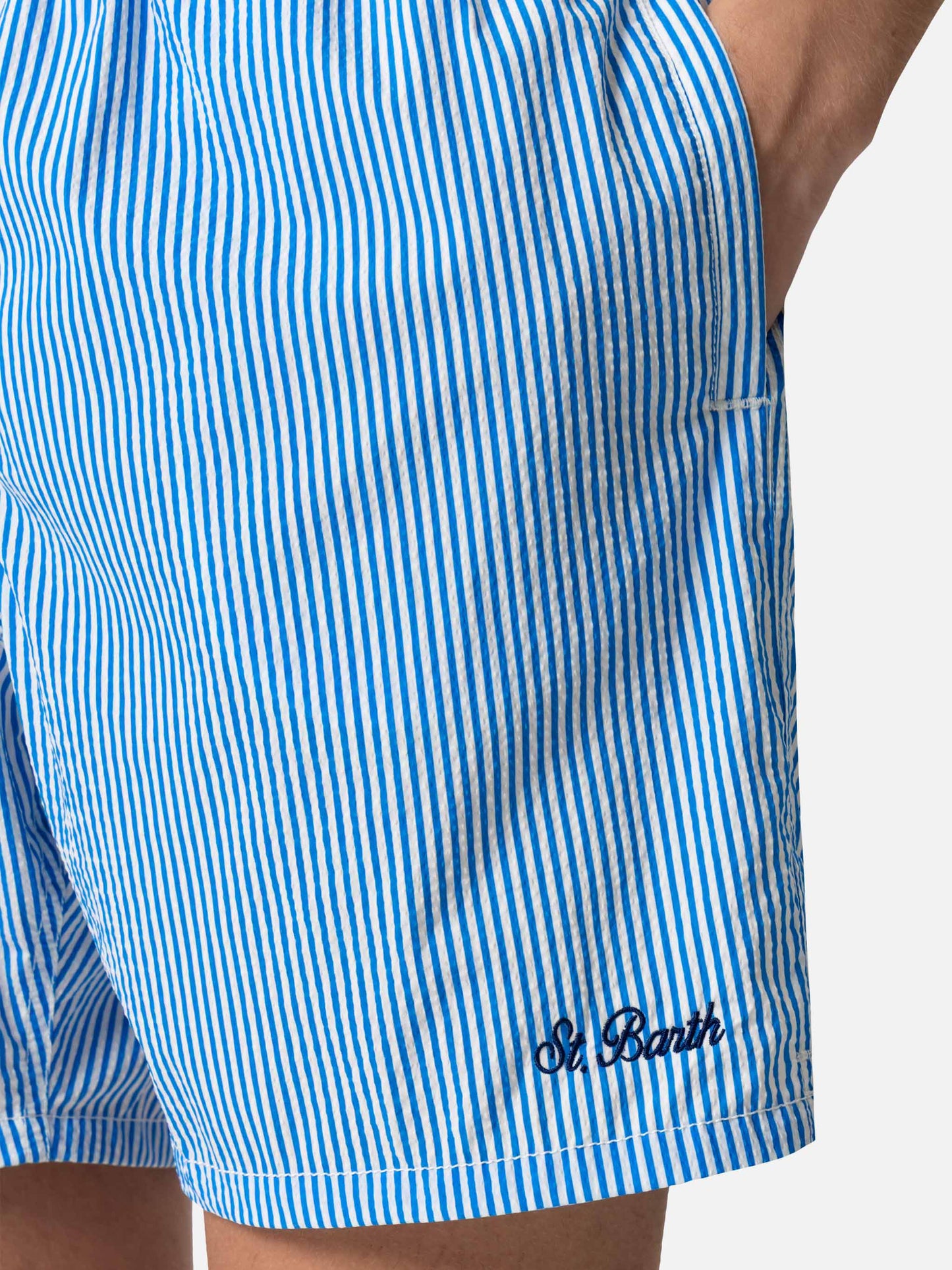 Gestreifte Badeshorts aus Seersucker-Blau Patmos