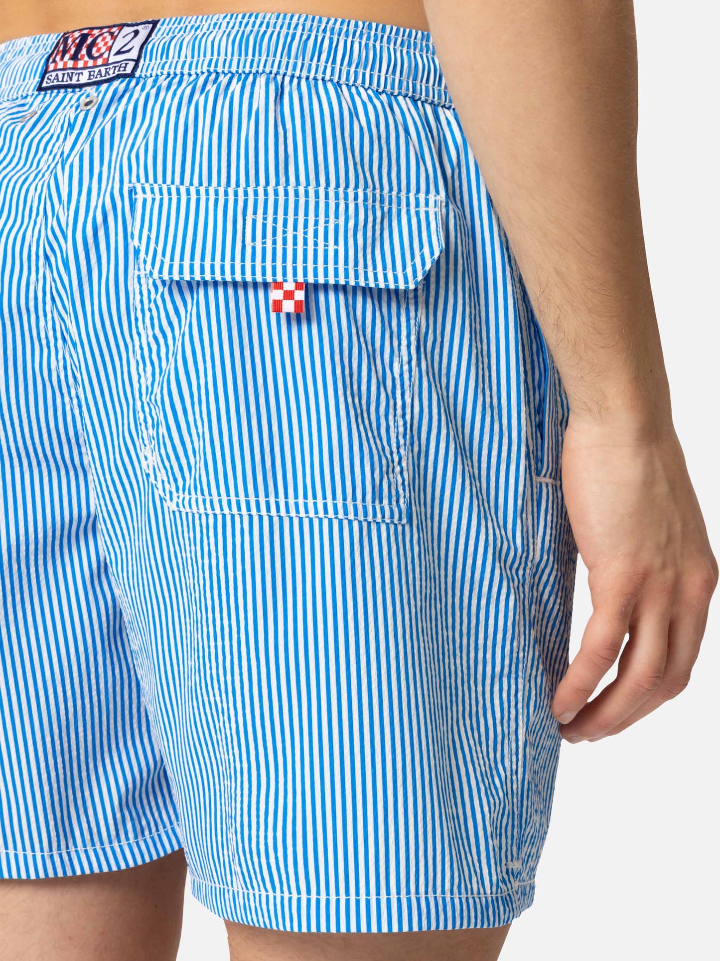 Gestreifte Badeshorts aus Seersucker-Blau Patmos