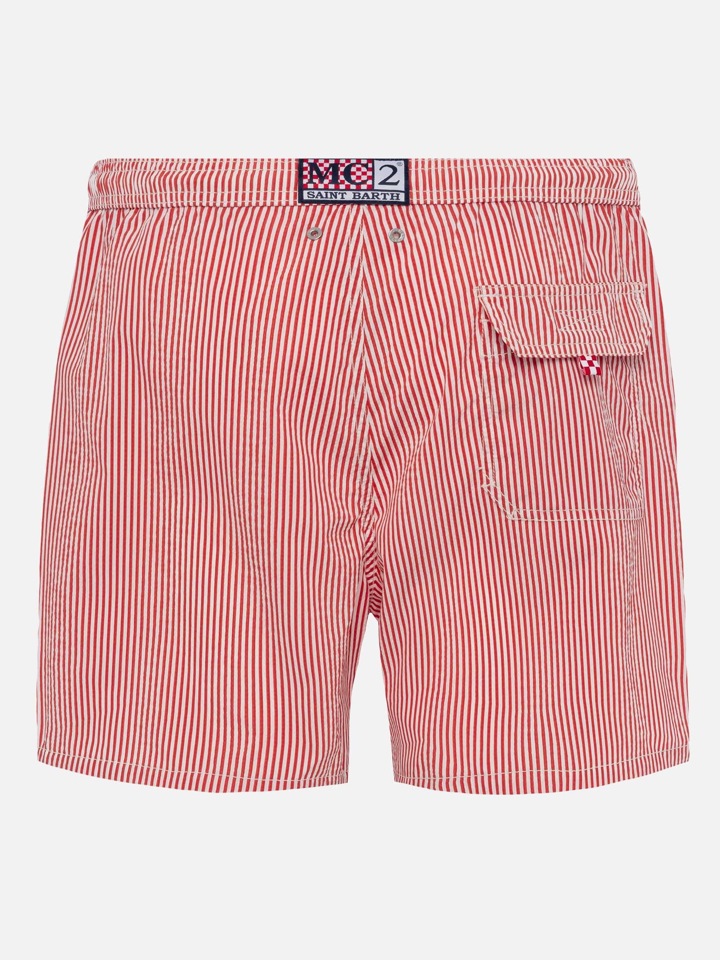 Seersucker Badeshorts Patmos mit roten Streifen