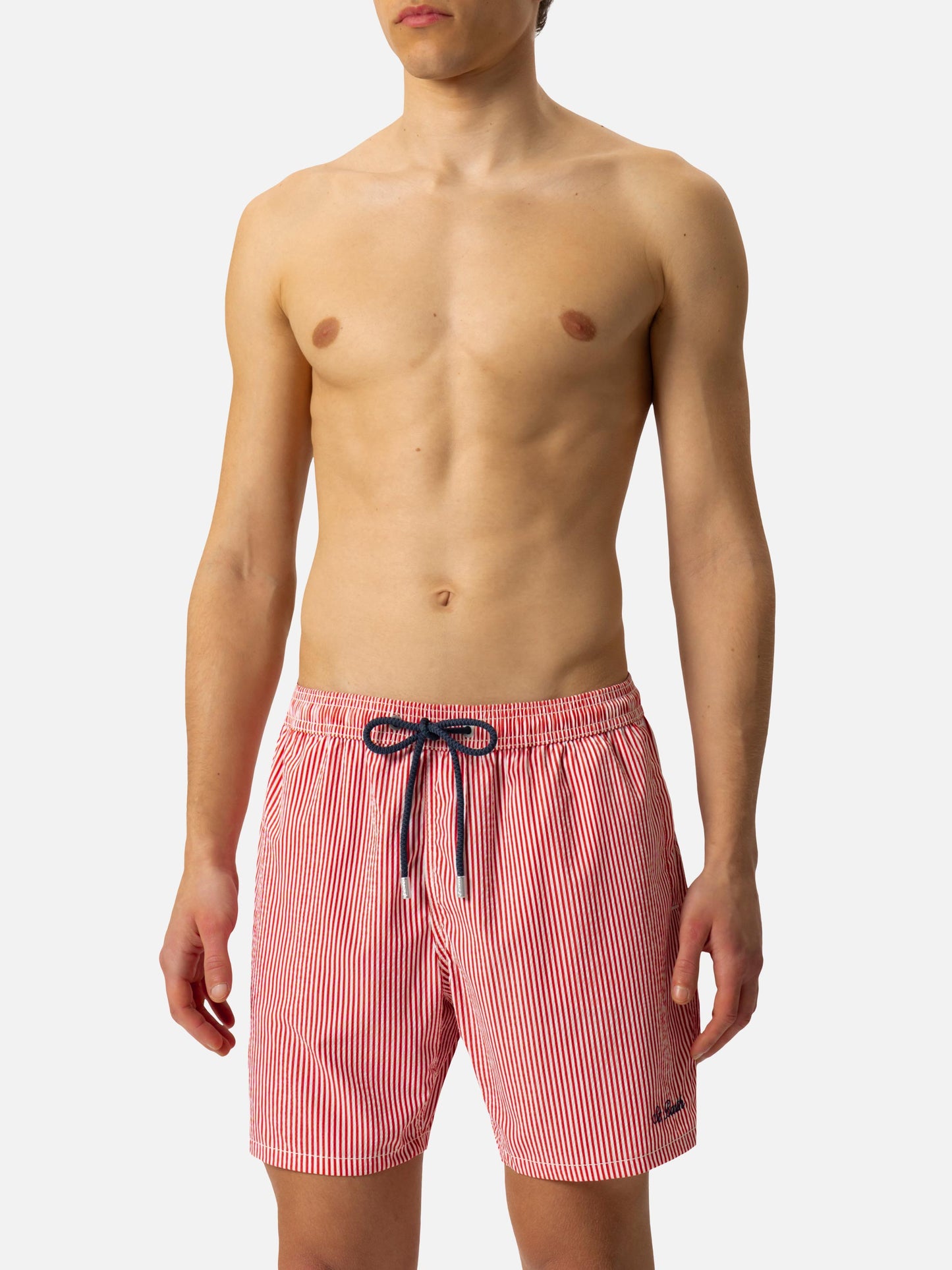 Seersucker Badeshorts Patmos mit roten Streifen