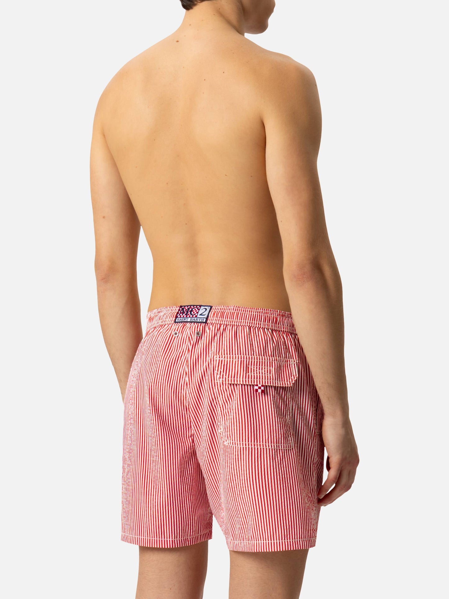 Seersucker Badeshorts Patmos mit roten Streifen