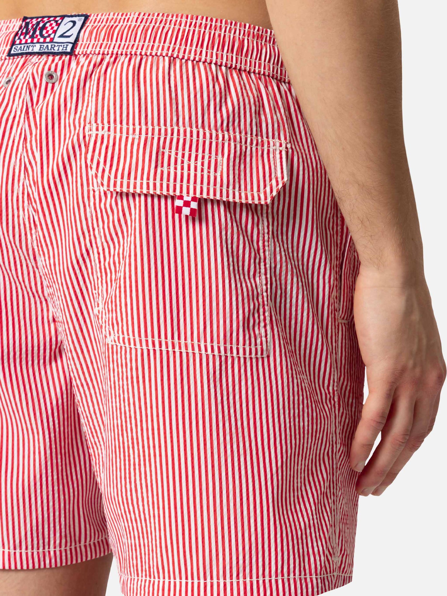 Seersucker Badeshorts Patmos mit roten Streifen