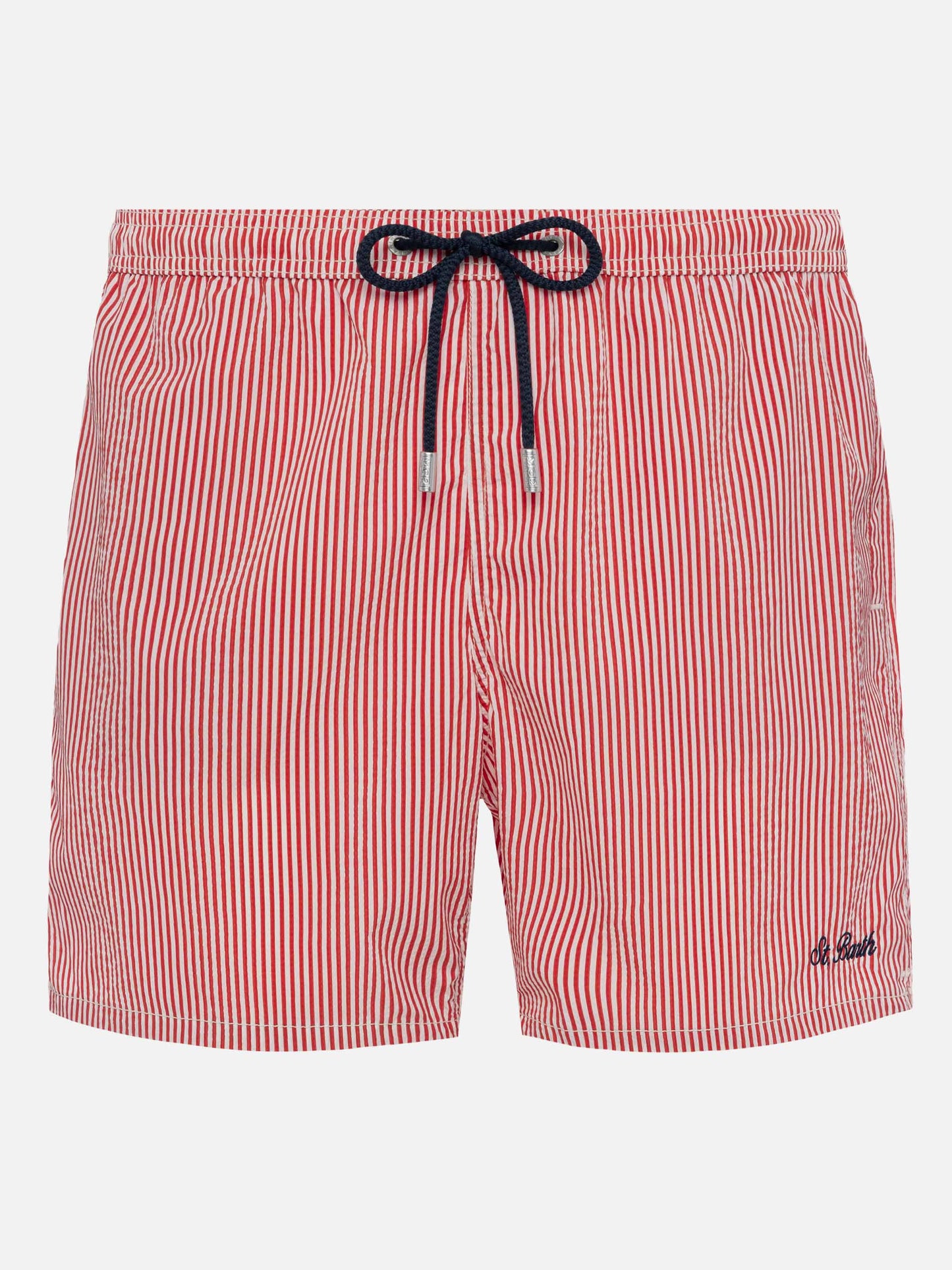 Seersucker Badeshorts Patmos mit roten Streifen