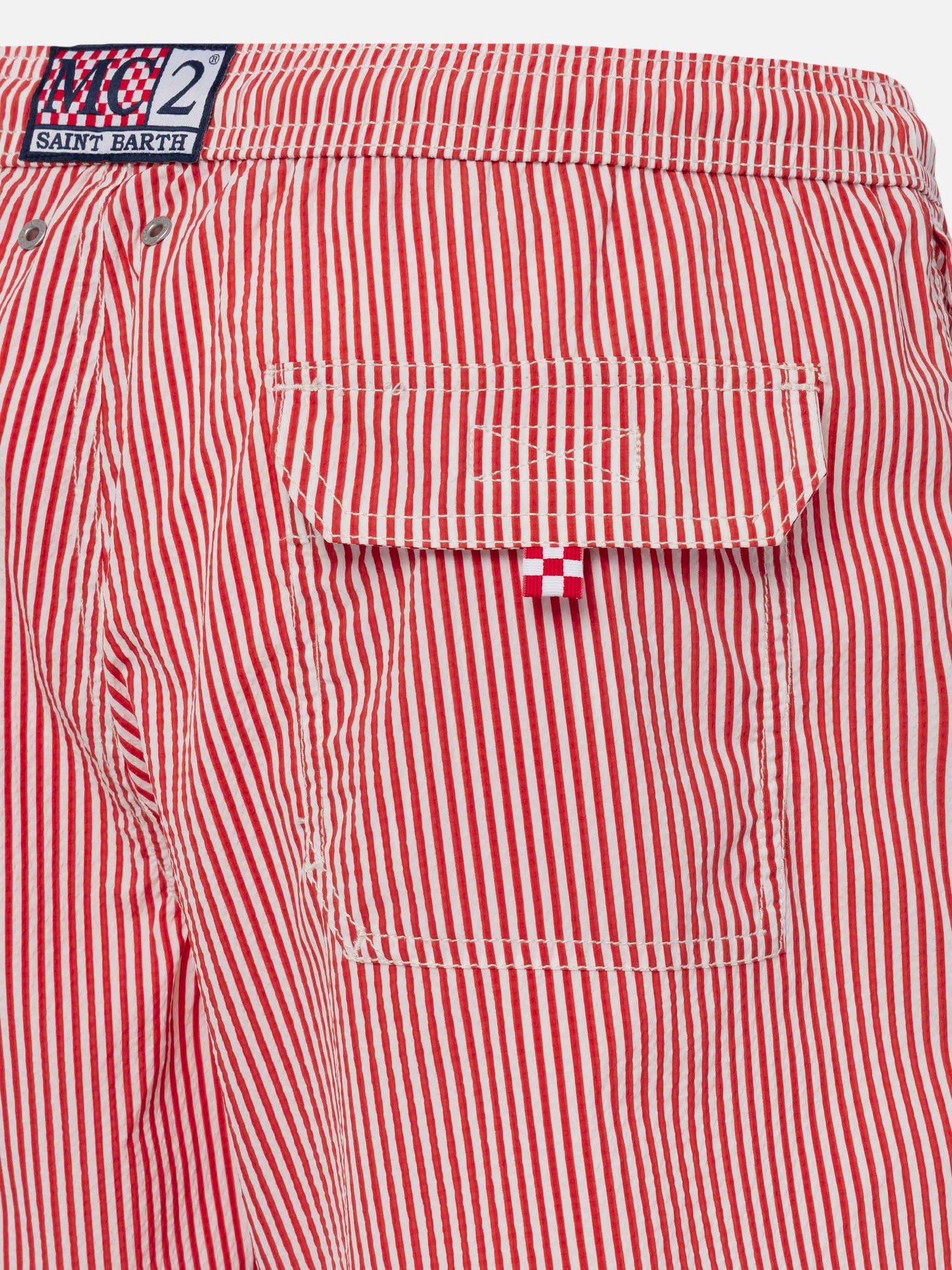 Seersucker Badeshorts Patmos mit roten Streifen