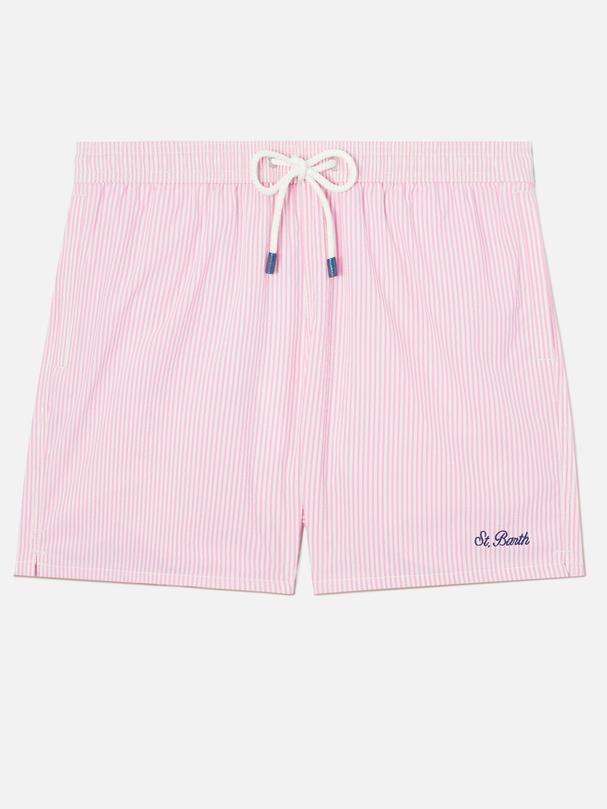 Patmos Seersucker Striped Swim Shorts in Pink and White