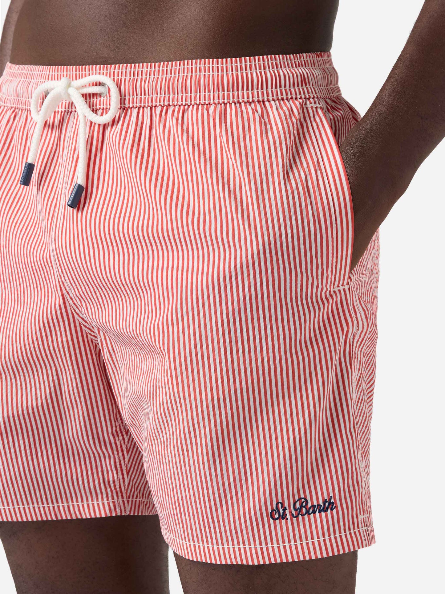 Patmos seersucker striped swim shorts in red and white