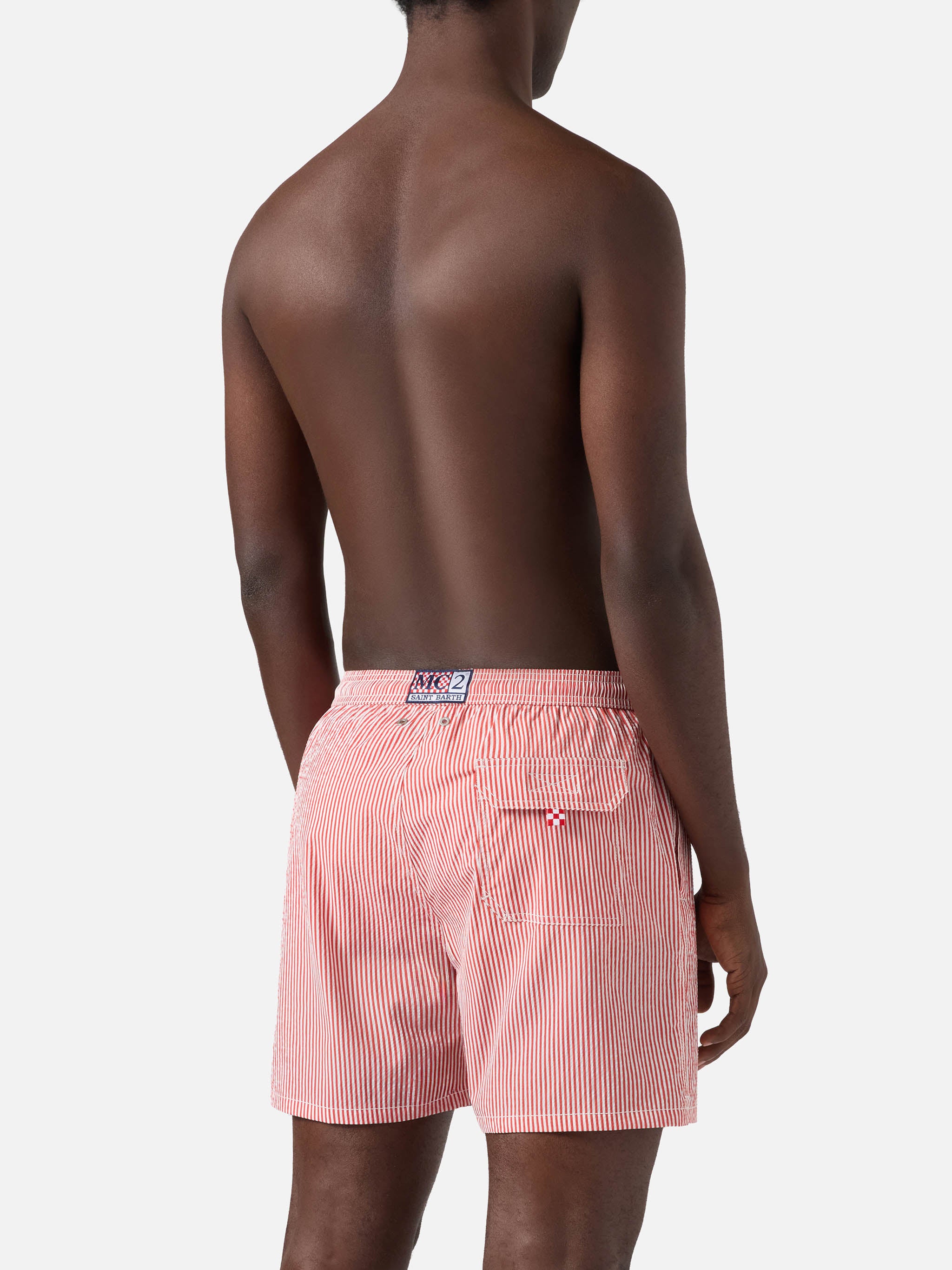 Patmos seersucker striped swim shorts in red and white – MC2 Saint