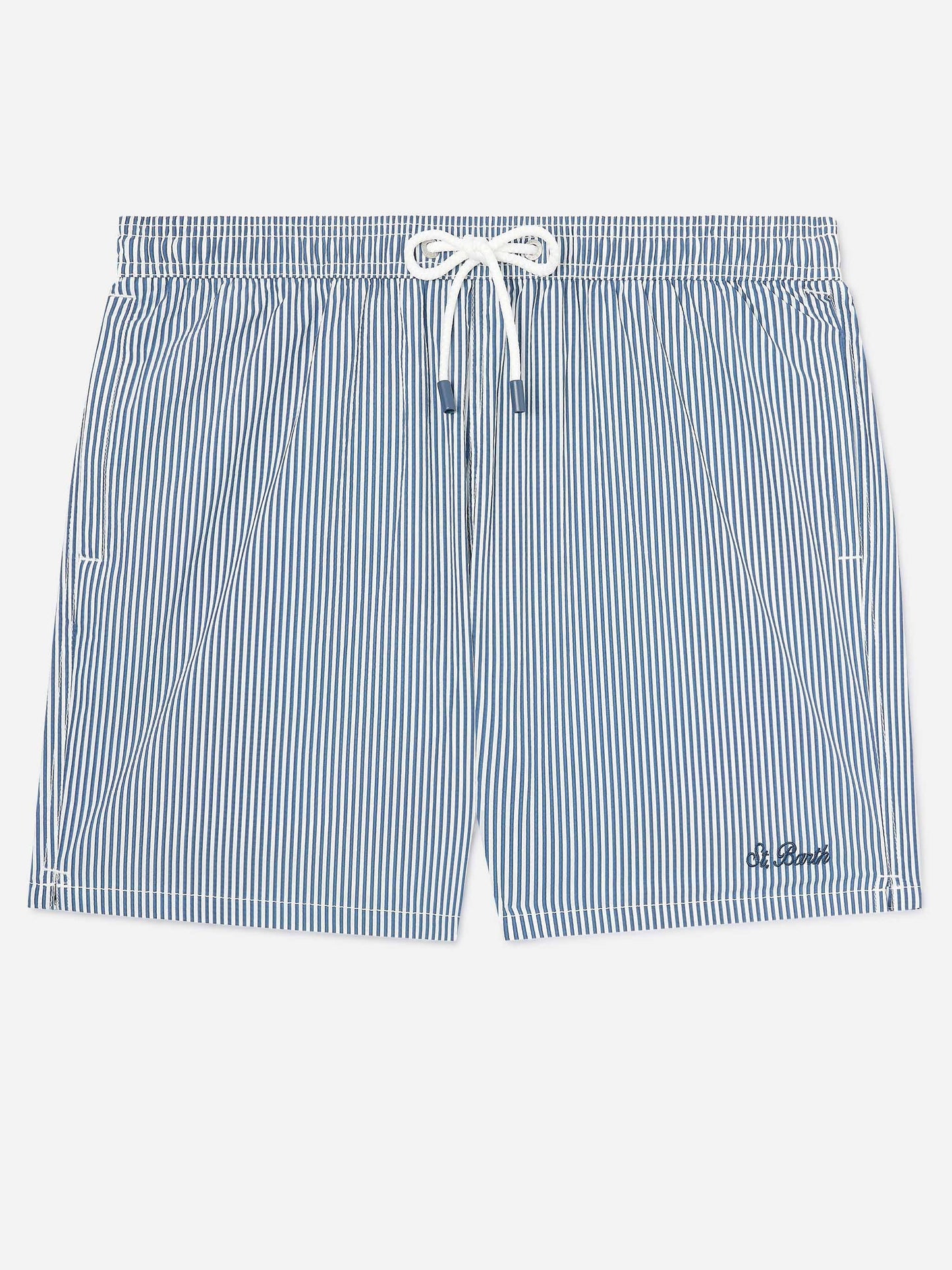 Patmos seersucker striped swim shorts in navy blue and white