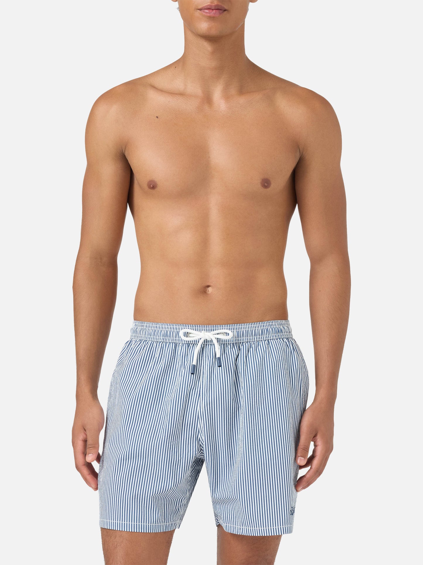 Patmos seersucker striped swim shorts in navy blue and white