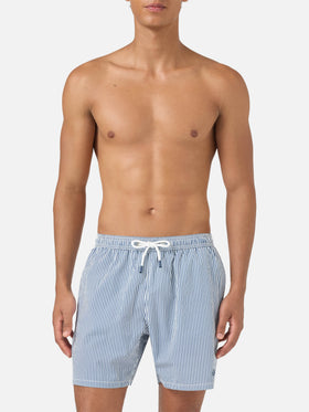 Patmos seersucker striped swim shorts in navy blue and white