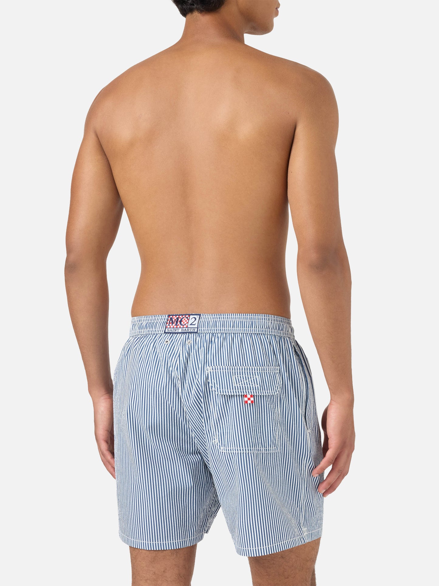 Patmos seersucker striped swim shorts in navy blue and white