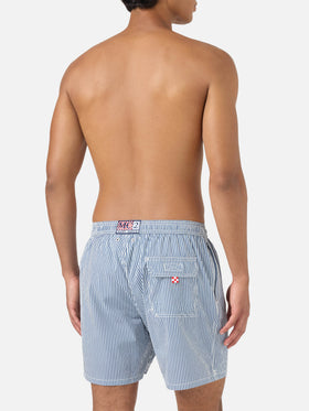 Patmos seersucker striped swim shorts in navy blue and white