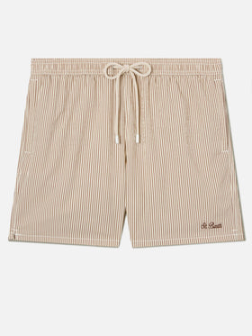 Patmos seersucker striped swim shorts in brown and white