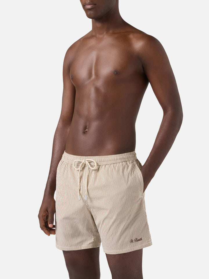 Patmos seersucker striped swim shorts in brown and white