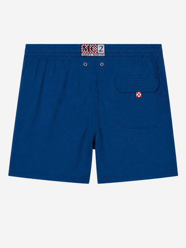 Patmos marineblaue Seersucker-Badeshorts im klassischen leichten Stil