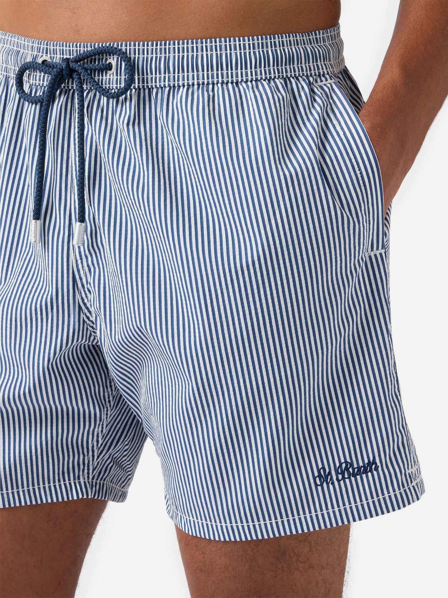 Seersucker navy blue striped classic light swim shorts Patmos