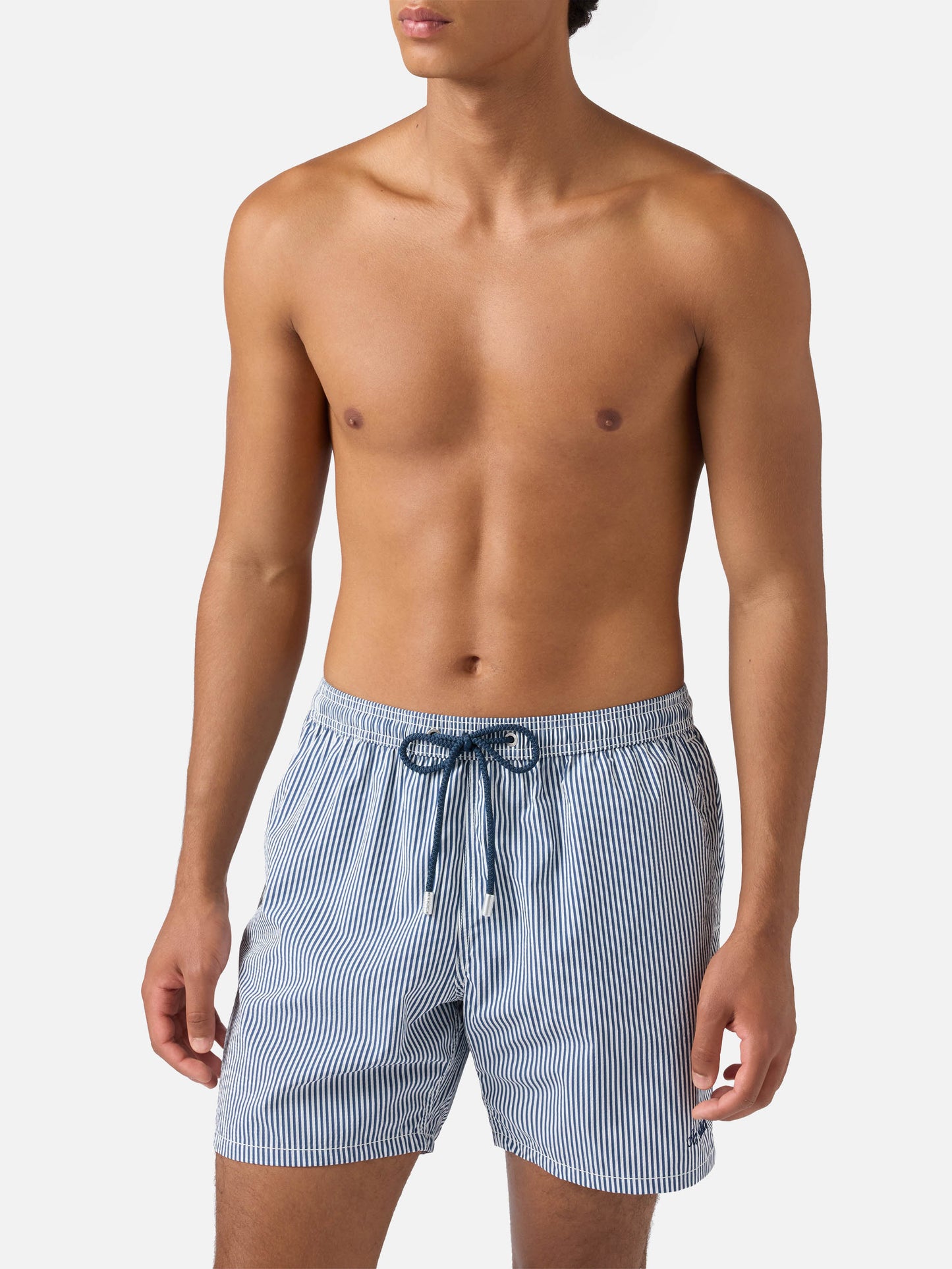 Seersucker navy blue striped classic light swim shorts Patmos