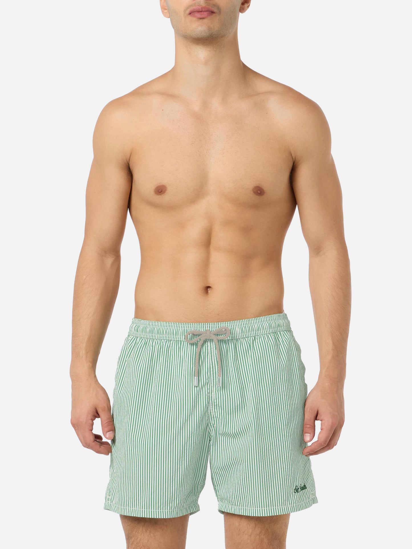 Seersucker sage green striped classic light swim shorts Patmos