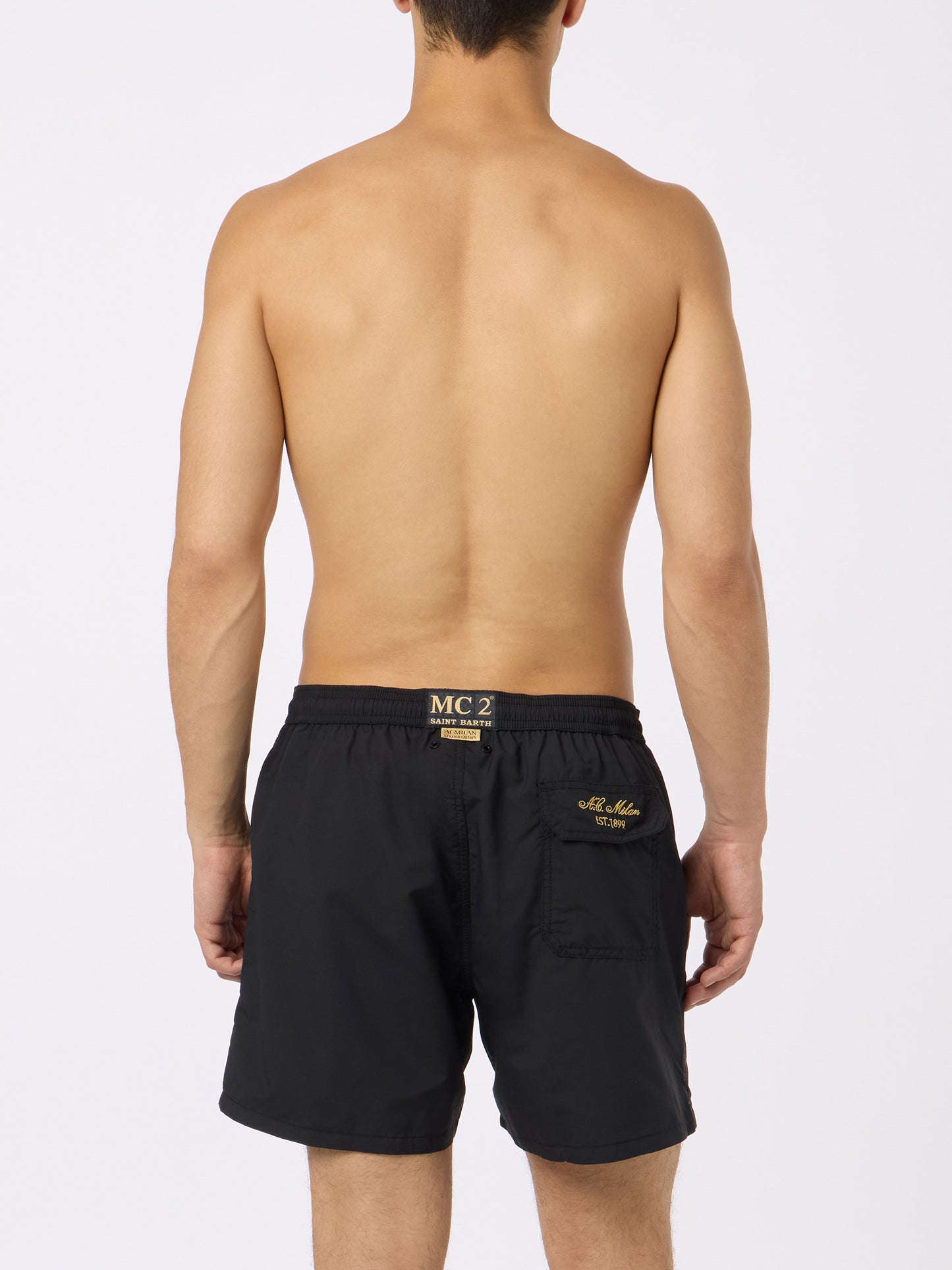 Black classic light swim shorts Patmos with Milan 125 embroidery | AC MILAN 125 SPECIAL EDITION