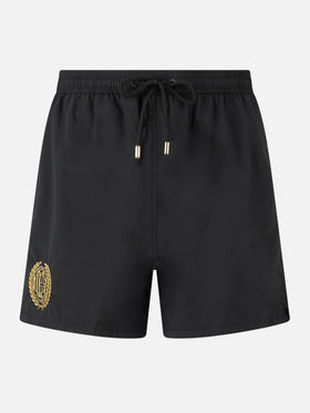 Black classic light swim shorts Patmos with Milan 125 embroidery | AC MILAN 125 SPECIAL EDITION