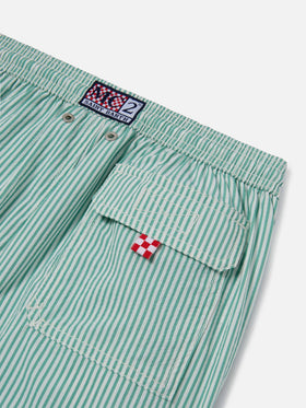 Costume Patmos Jr in seersucker a righe con ricamo St. Barth