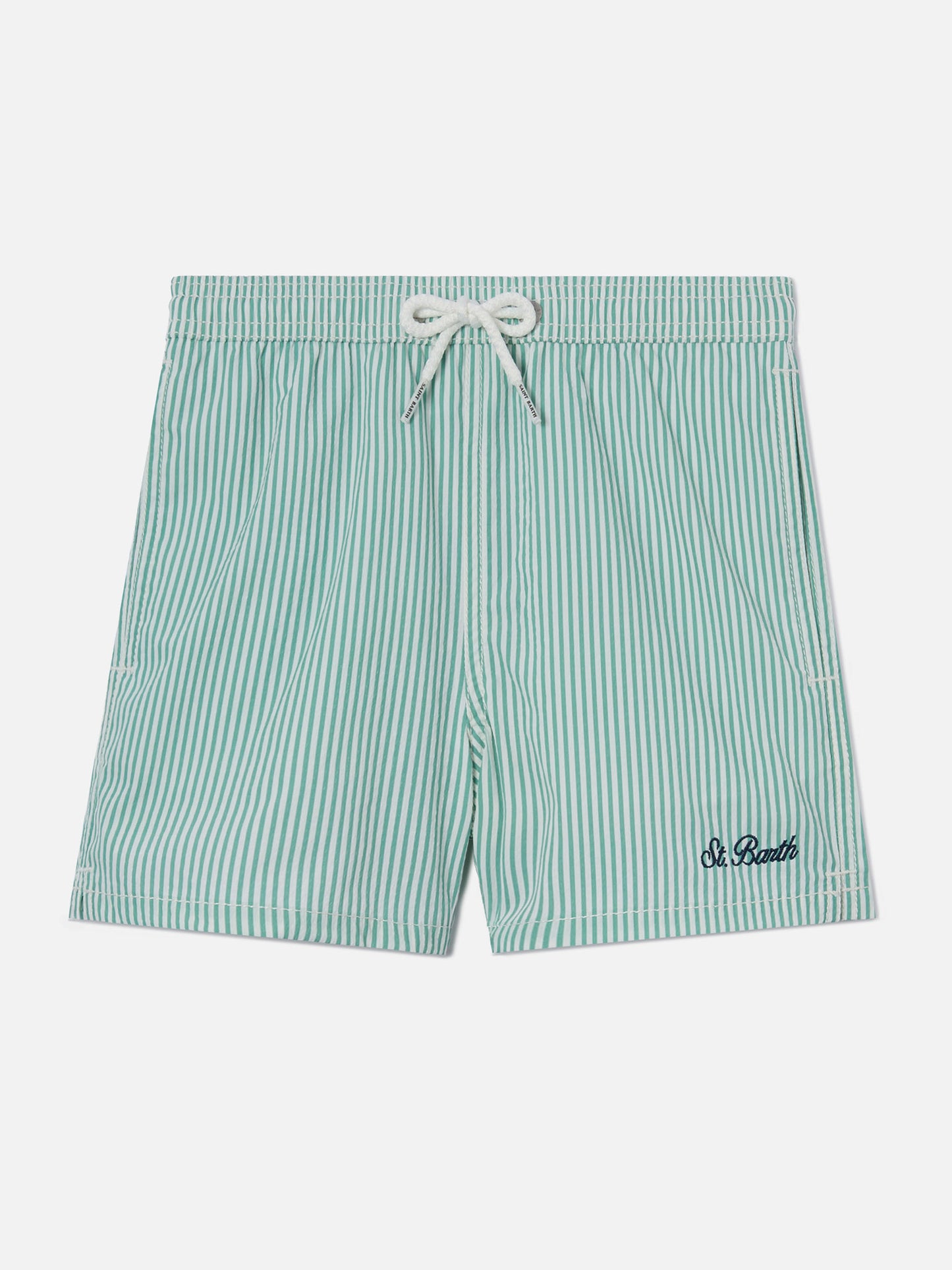Patmos Jr seersucker swim shorts striped with St. Barth embroidery