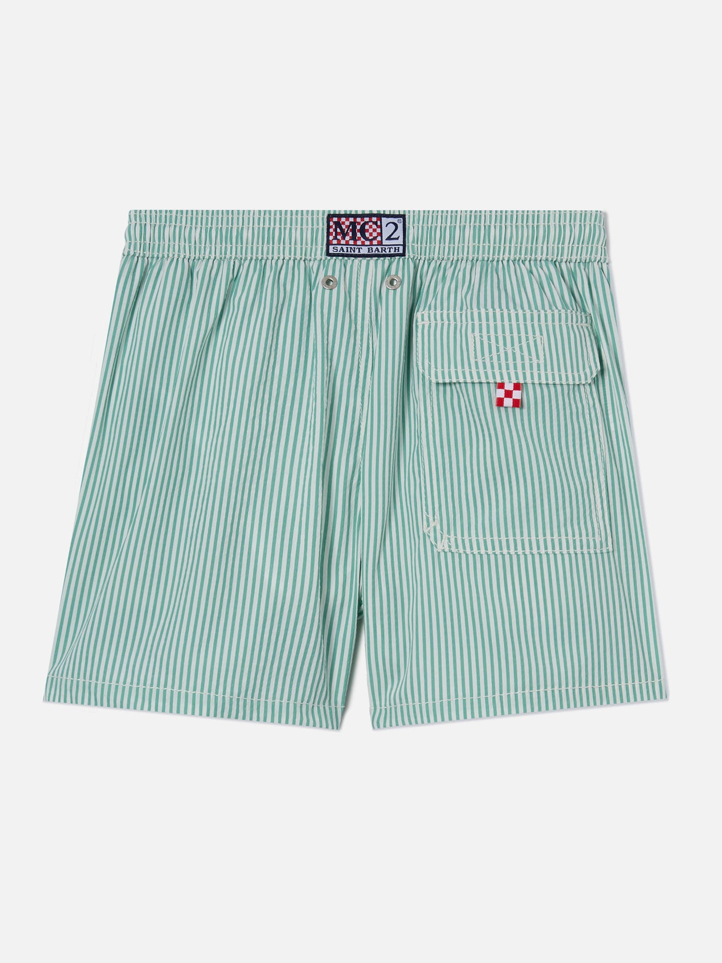 Patmos Jr seersucker swim shorts striped with St. Barth embroidery