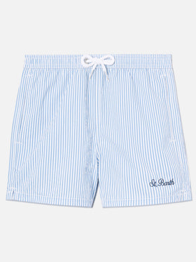 Bañador corto de seersucker Patmos Jr a rayas con bordado St. Barth 