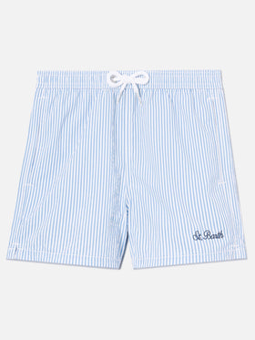 Patmos Jr seersucker swim shorts striped with St. Barth embroidery