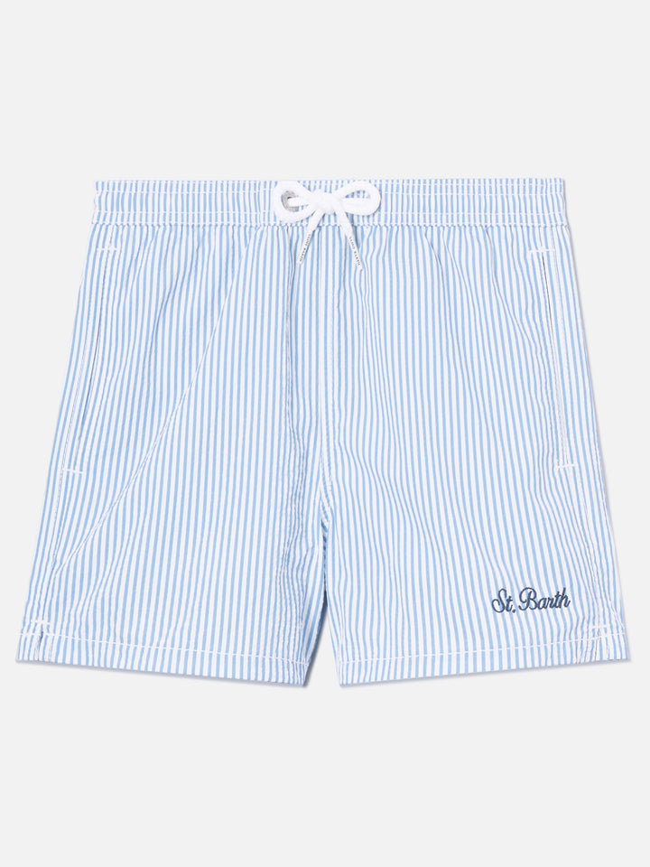 Patmos Jr seersucker swim shorts striped with St. Barth embroidery