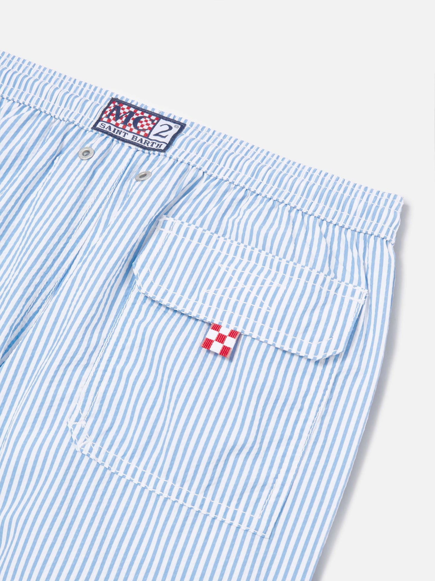 Costume Patmos Jr in seersucker a righe con ricamo St. Barth