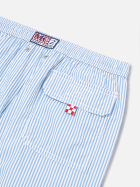 Costume Patmos Jr in seersucker a righe con ricamo St. Barth